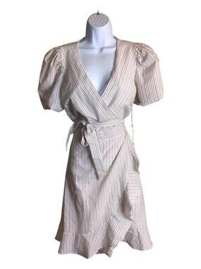 Draper James RSVP Lrg wrap dress pink & green seersucker stripes  puff sleeves